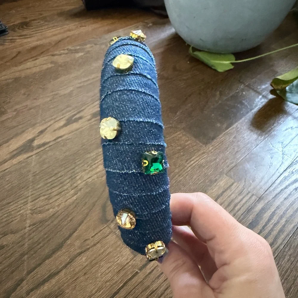 Denim Jewel Embellished Padded Headband - Blue - Picture 4 of 5